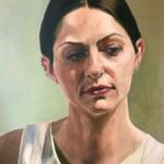 Geschilderd portret van een peinzende vrouw